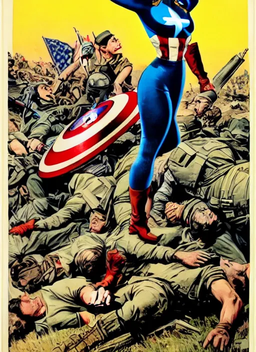 Image similar to beautiful female captain america standing on a pile of defeated, beaten and broken german soldiers. feminist captain america wins wwii. cheering american soldiers. american wwii propaganda poster by james gurney. gorgeous face. overwatch