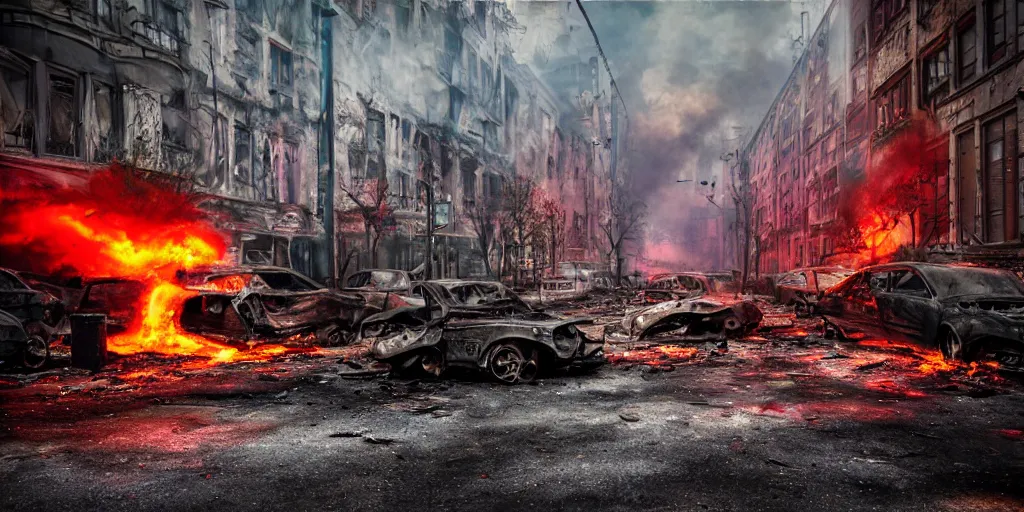 Image similar to post - apocalyptic kreuzberg streets, burned cars, explosions, colorful smoke, hyperrealistic, gritty, damaged, dark, urban photography, photorealistic, high details