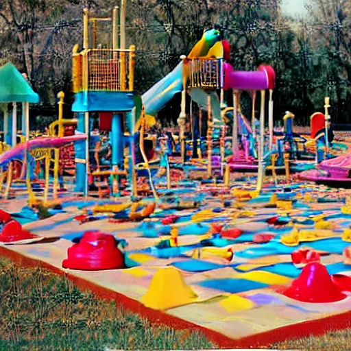 Image similar to colorful and bright chessboard on a playground made of children’s toys, award winning photography, wide shot, vintage 70s scanned magazine ad