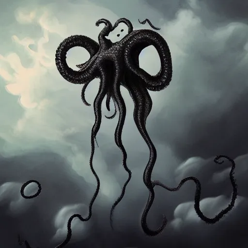 Prompt: a creepy eldritch lovecraftian monster in the clouds, realistic lighting