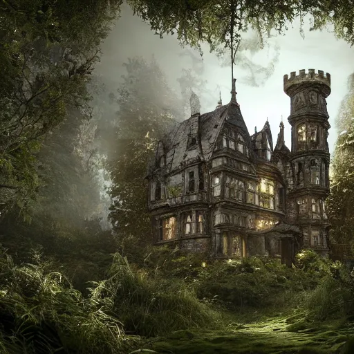 Image similar to overgrown victorian spiderwick abandoned castle, highly detailed, crystal lighting, mystical, ancient forest, hyperrealistic, 4 k, unreal engine, highly detailed, dramatic lighting, magical, beautiful,