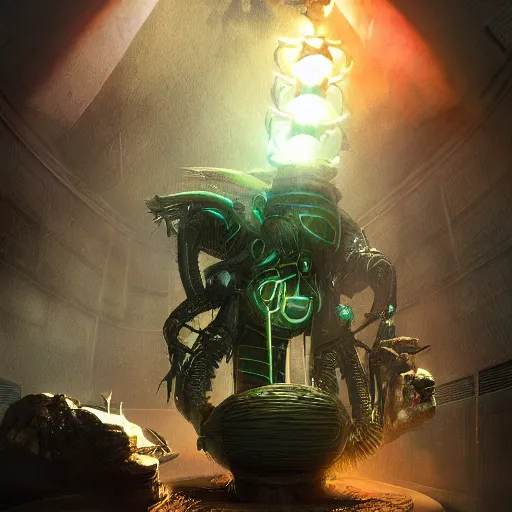 Image similar to phyrexian dreadnought plus borg queen hybrid with protomolecule vesicles being possessed by the machine spirit artists tram pararam and doctor seuss with beryl cook and hr giger neon high contrast cinematic light, mystical shadows, sharp focus, warhammer fourty k, octane render