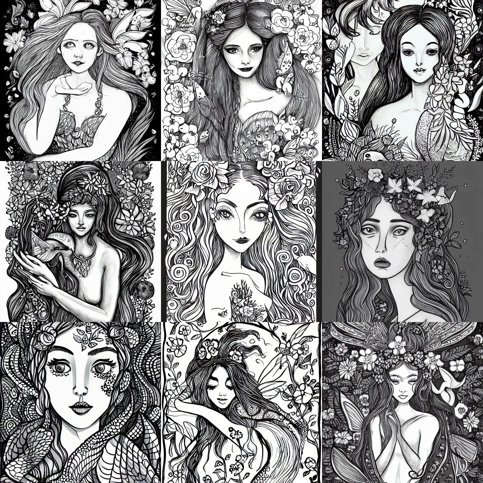 Prompt: illustration of a beautiful fairie, mermaid, female portrait with flowers, whimsical big - eyed character accompanied by animals and birds, light greyscale, cross contour drawing