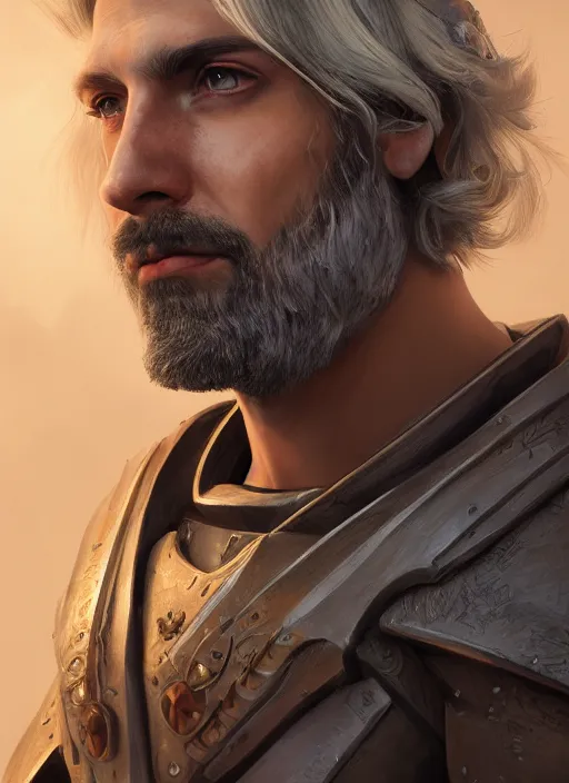 Prompt: an epic fantastic realism comic book style portrait painting of an aasimar paladin, male, shaggy silver hair, scruffy brown beard, d & d concept art, unreal 5, daz, petrol aesthetic, octane render, centered, cosplay, rpg portrait, dynamic lighting