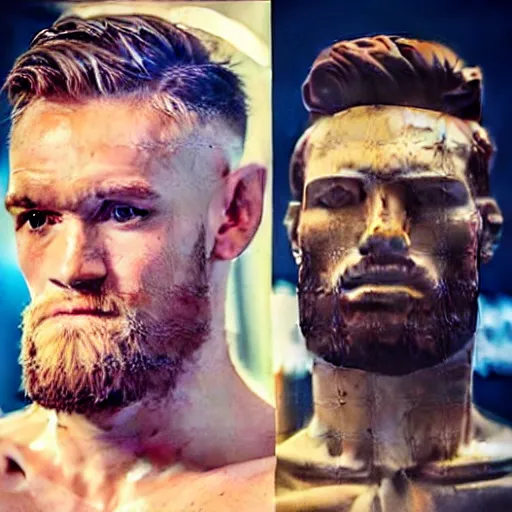 Image similar to “a realistic detailed photo of a guy who is an attractive humanoid who is half robot and half humanoid, who is a male android, boxer Conor McGregor and Canelo Alvarez, shiny skin, posing like a statue, blank stare”