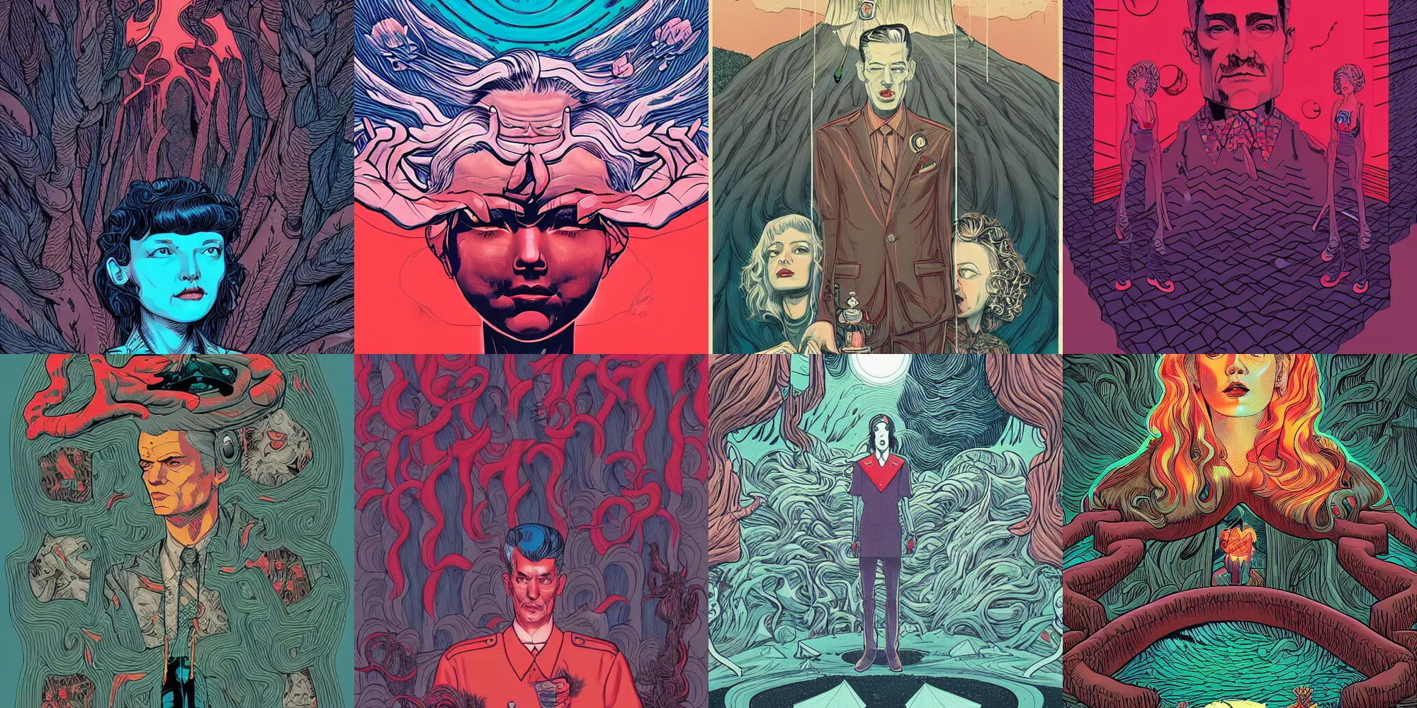 Prompt: Surreal Twin Peaks comic artwork by James Jean & Kilian Eng