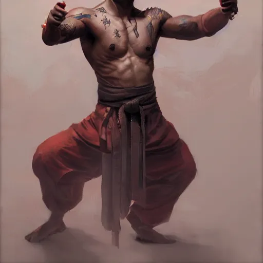 Image similar to A detailed matte oil on canvas painting of a male martial artist monk, orchid arm tattoos by greg rutkowski and artgerm, trending on artstation, dungeons and dragons art