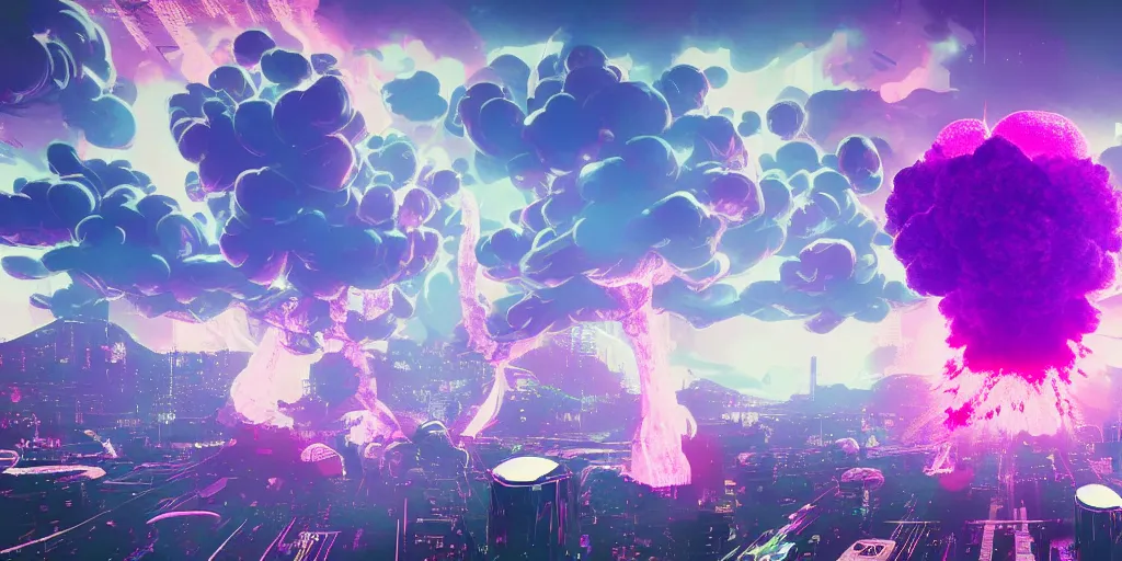 Prompt: a mushroom cloud formed by an h - bomb explosion in the middle of tokyo, purple colors, in the combination of daft punk style and akira style, popular on artstation, unreal engine, aerial photo, nvidia graphics,.