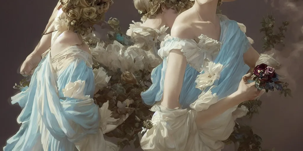 Image similar to lady dressed in a vaporous wrapped large victorian cream roses silk semi-transparent blue and cream dress fashion is running D&D, fantasy, intricate, elegant, highly detailed, digital painting, artstation, concept art, matte, sharp focus, illustration, art by Artgerm and Greg Rutkowski and Alphonse Mucha