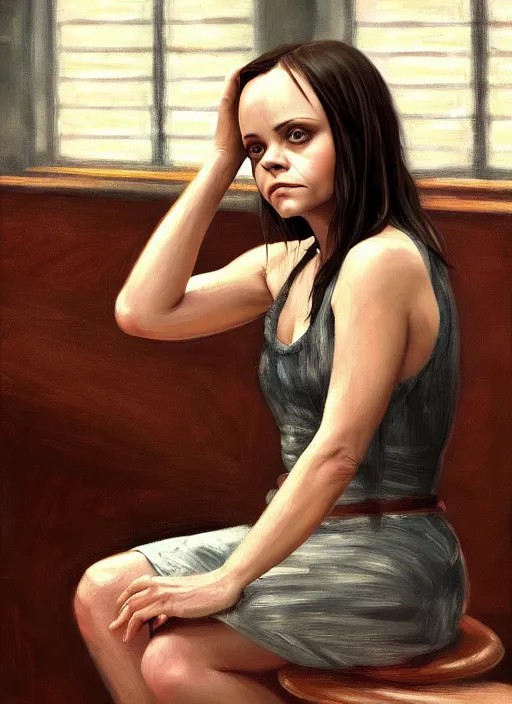 Image similar to christina ricci sitting in the cafeteria, backround dark, highly detailed, digital illustration, trending in artstation, modern painting, smooth, sharp focus, intricate, einar jonsson, ilya repin