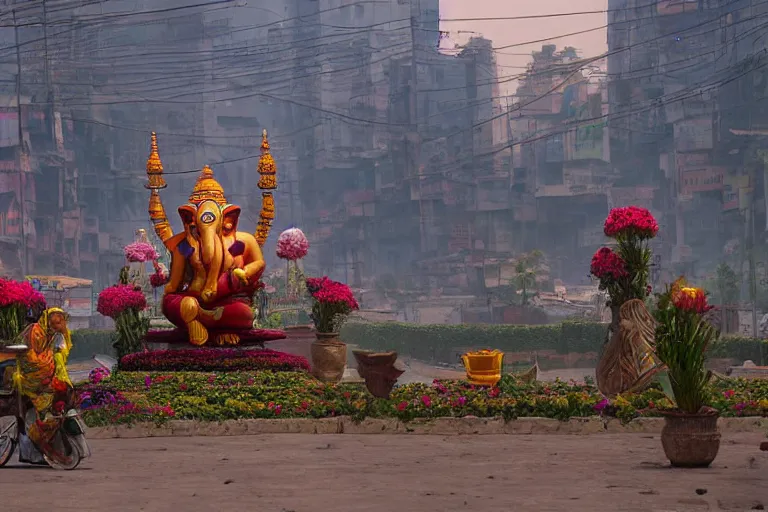 Image similar to beautiful futuristic new delhi, sharp sci - fi ganesha!! building, kalighat flowers, highly detailed cinematic, stephen shore & john j. park, soft morning light, wide shot, ground angle, uhd 8 k, shallow depth of field