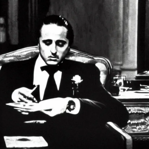 Image similar to scene from the godfather with the godfather seated at his desk