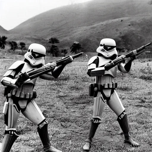 Prompt: star wars clone troopers offer aid to soldiers in vietnam, photo, old picture, lush landscape, field, firearms, war, bombs, explosions, x - wings, tie fighters, aerial combat, active battle zone, in trenches, star wars droid battle, jedi master, land mines, gunfire, grenades, violence, tanks, lasers