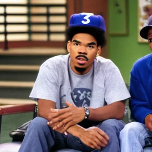 Image similar to a tv still of Chance The Rapper starring as a black college student at Jones College Prep in a 1993 sitcom