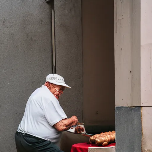 Image similar to An elderly man posting a sausage, Canon EOS R3, f/1.4, ISO 200, 1/160s, 8K, RAW, unedited, symmetrical balance, in-frame