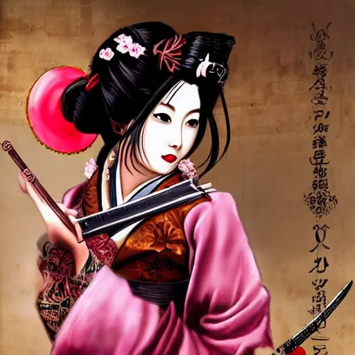 Prompt: beautiful steampunk geisha with a katana sword, soft pink lights, historical Japanese city in 1790, zeppelin in the air, HD