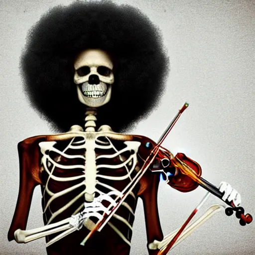 Prompt: portrait photograph, Realistic Skeleton wearing an afro wig and playing the violin