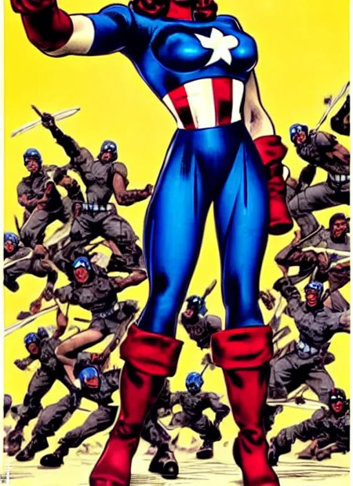 Image similar to black female captain america standing on a pile of defeated ss soldiers. feminist captain america wins ww 2. american ww 2 propaganda poster by rob liefeld, masamune shirow and pixar. gorgeous face. pin up. overwatch.