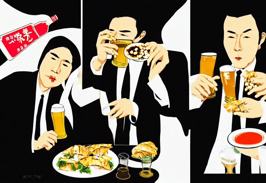 Image similar to two businessmen eating gyoza and drinking beer at an outdoor table in nighttime izakaya in shinbashi tokyo, japan, a collage painting, in the style of wes anderson, lola dupre, david hockney, isolated on negative white space background dark monochrome fluorescent neon spraypaint accents volumetric octane render