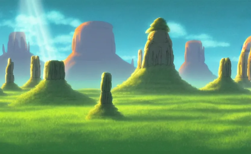 Prompt: a cell - shaded studio ghibli concept art from paprika ( 2 0 0 6 ) of a ufo shining a spotlight on a lush temple that looks like monument valley stonehenge jungle on a misty starry night. very dull colors, hd, 4 k, hq