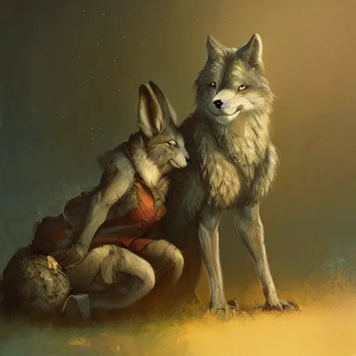 Prompt: A beautiful painting of an anthropomorphic wolf and rabbit hugging, artstation trending, greg rutkowski