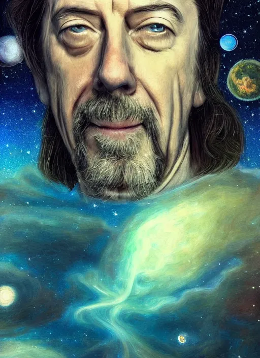 Prompt: alan watts laying down floating in the universe full body romanticism style painting highly detailed realism, featured on artstation