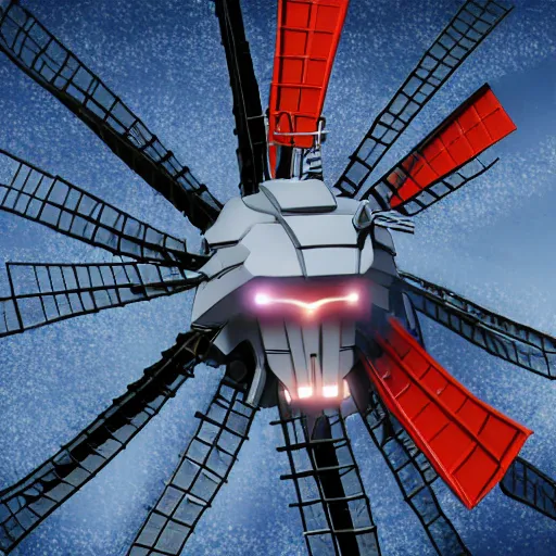 Image similar to gundam as dutch windmill in gundam, gundam is windmill shaped, dutch windmill gundam, in gears of war, splash art, movie still, cinematic lighting, ray tracing, octane render, long lens, shallow depth of field, bokeh, anamorphic lens flare, 8 k, hyper detailed, 3 5 mm film grain