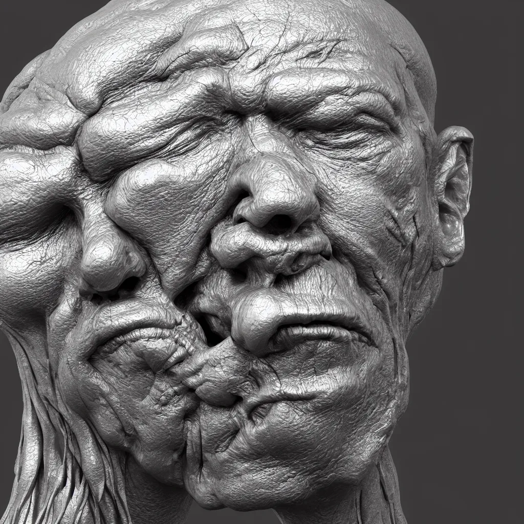 Image similar to 3 d render of a carved melted human head, sculpture, chrometype, liquid metal, neotribal, raytraced, volumetric lightning, 8 k, by zhelong xu, tooth wu, wlop, ouchh and and innate studio