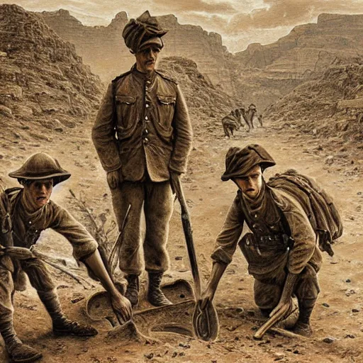 Image similar to ultra detailed photorealistic sepia - toned painting from 1 9 1 7, three british soldiers standing at an archaeological dig site in wadi rum, ultra realistic, painted, intricate details, lovecraft, atmospheric, dark, horror, brooding, highly detailed, by clyde caldwell