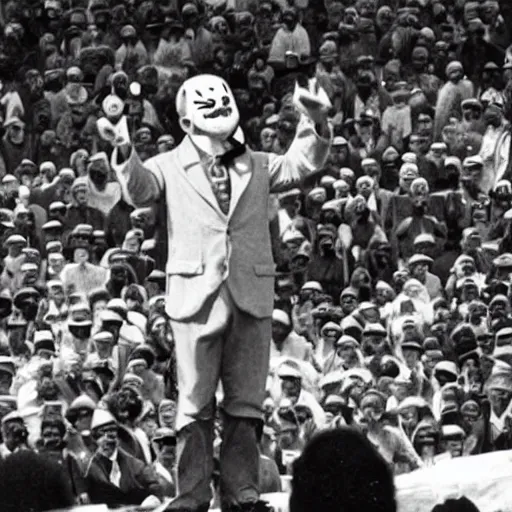 Prompt: an old black and white photo of a clown giving a rousing political speech to a huge crowd,