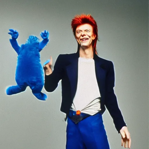 Prompt: david bowie laughing at a blue cat in his hands