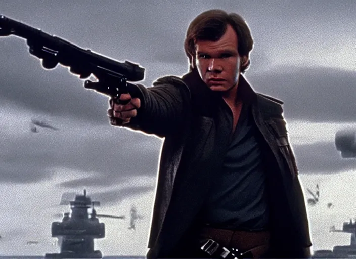 Prompt: screenshot of Han Solo dressed up as an imperial officer, iconic scene from 1970s spy thriller film directed by Stanley Kubrick, in a sci-fi shipping port, last jedi, 4k HD, cinematic lighting, beautiful portraits, moody, stunning cinematography, anamorphic lenses, kodak color film stock