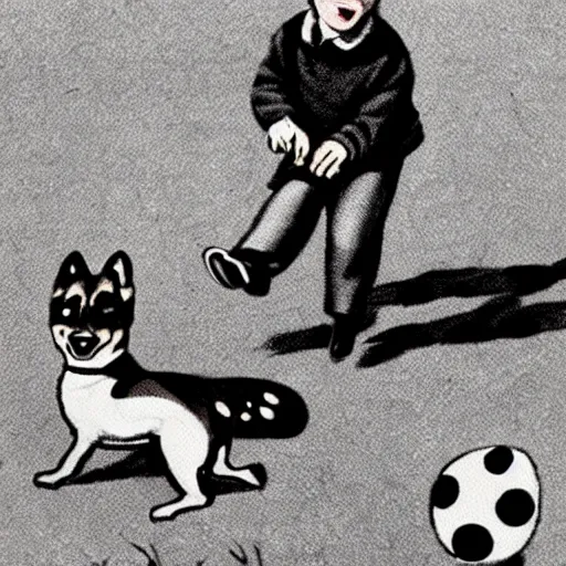 Image similar to book illustration of a french boy on the streets of paris playing football against a corgi, the dog is wearing a polka dot scarf, 1 9 6 6