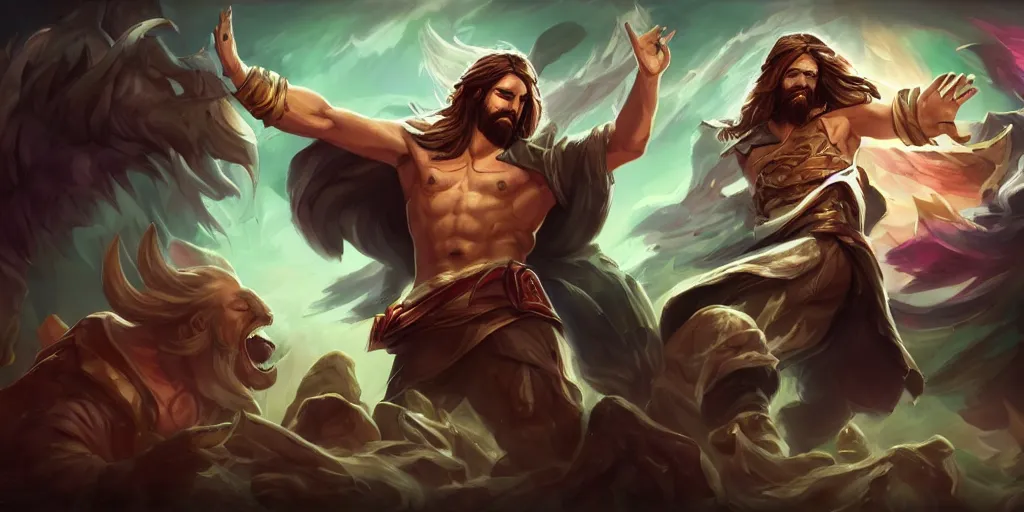 Prompt: jesus splash art as a league of legends character, digital art, riot games