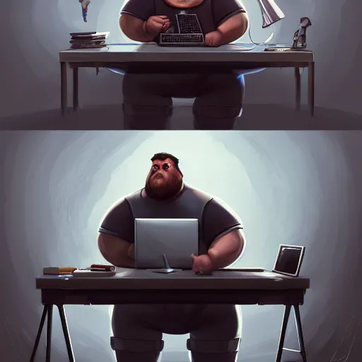 Image similar to a insanely detailed painting of a slightly overweight man wearing a homemade superhero costumed, sitting at a computer desk, nervously and clicking on the mouse, in the style of peter mohrbacher, dramatic lighting and composition, trending on artstation, concept art, comic book