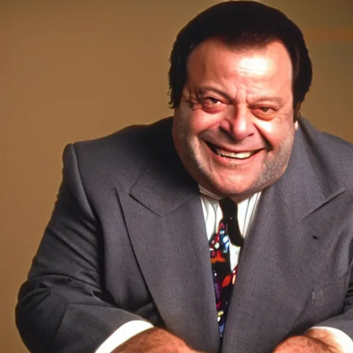 Prompt: Paul Sorvino smiling dressed in a gray suit and necktie holding wrapped up hoagie 35mm film still from 1989