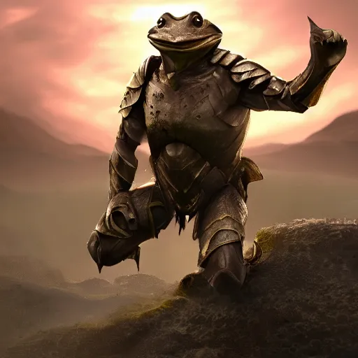 Prompt: a powerful warrior frog in armour with hands up, holding a planet, cinematic lightning, artstation trending, matte painting, 8 k, octane, digital art, apocalyptic, special