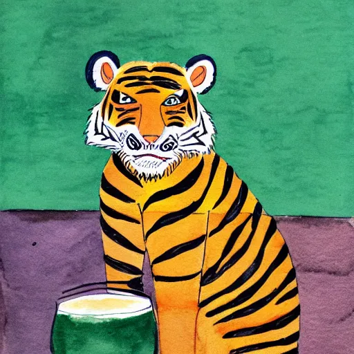 Prompt: a tiger wearing a hawaii shirt drinking a beer at an outdoor bar in stockholm, children\'s book watercolor drawing