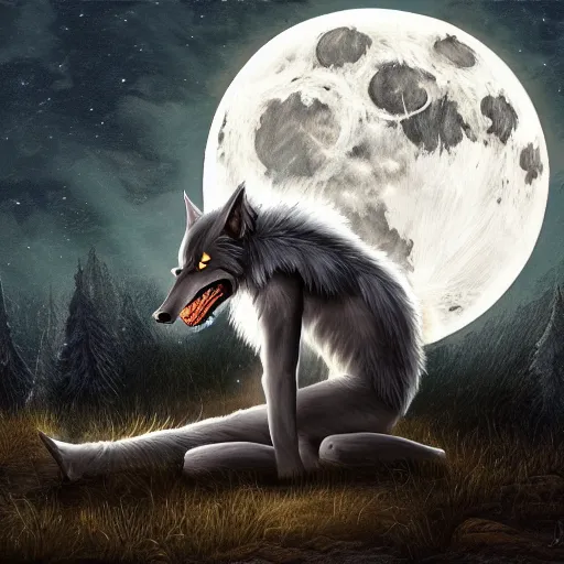 Prompt: sad werewolf man under a full moon, ultra detailed, fantasy, 4k, painting