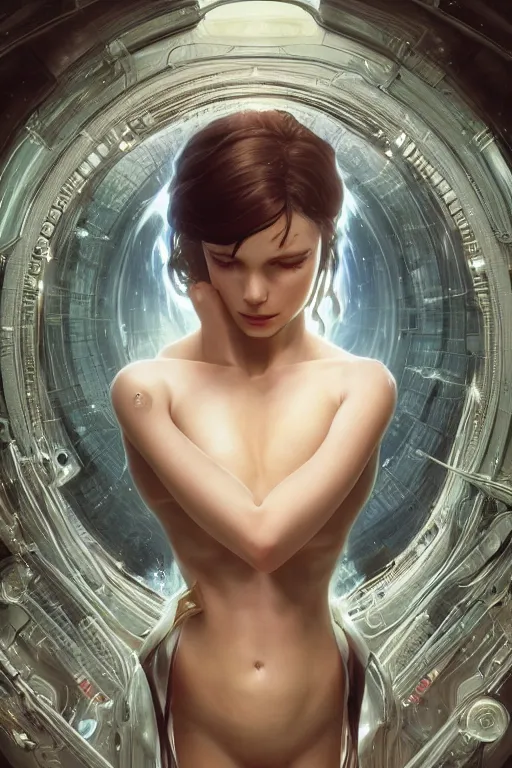 Prompt: beautiful and enigmatic ai held captive in a remote research facility. vulnerability and innocence, ultra realistic, sharp details, subsurface scattering, intricate details, warm lighting, beautiful features, highly detailed, photorealistic, octane render, 8 k, unreal engine, art by artgerm and greg rutkowski and alphonse mucha