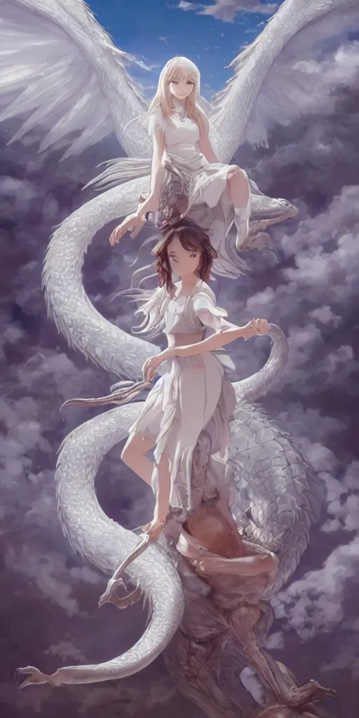 Image similar to the beautiful hyper detailed portrait render that a beautiful princess sitting on the back of a huge silver white dragon alone in fairyland surrounded by white clouds, finely detailed angelic face delicate features, style of studio ghibli, makoto shinkai, raphael lacoste, artgerm, james jean, ross tran, animation style, hd, ultra wide angle