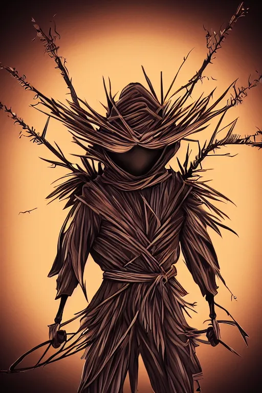 Image similar to ninja scarecrow, symmetrical, highly detailed, digital art, sharp focus, trending on art station, anime art style