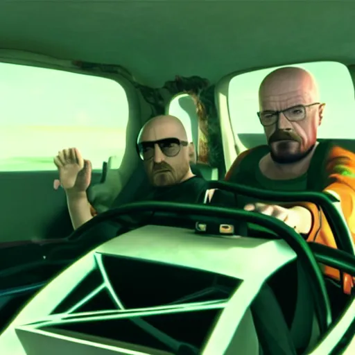 Prompt: Walter White and Jesse Pinkman in Mario Kart, breaking bad screencap