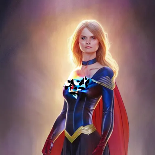 Image similar to Sara Paxton as Super Girl, western, D&D, fantasy, intricate, elegant, highly detailed, digital painting, artstation, concept art, matte, sharp focus, illustration, art by Artgerm and Greg Rutkowski and Alphonse Mucha