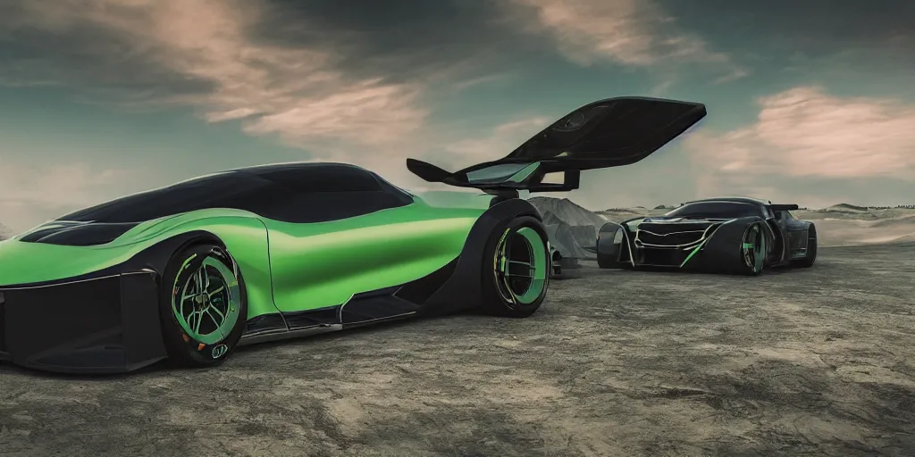 Image similar to a design of a futuristic race car, lifted off-road tires, designed by Polestar and DMC, vaporwave sunrise background, brushed green copper car paint, black windows, dark show room, dramatic lighting, hyper realistic render, depth of field