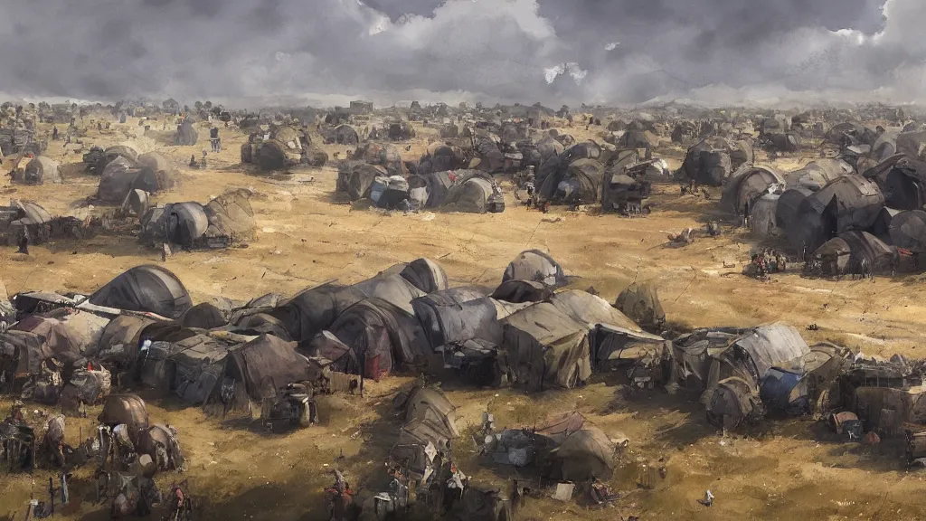 Image similar to panorama view of tents in siege camp with stone walls in background, watercolored, jakub rozalski, dark colours, dieselpunk, artstation