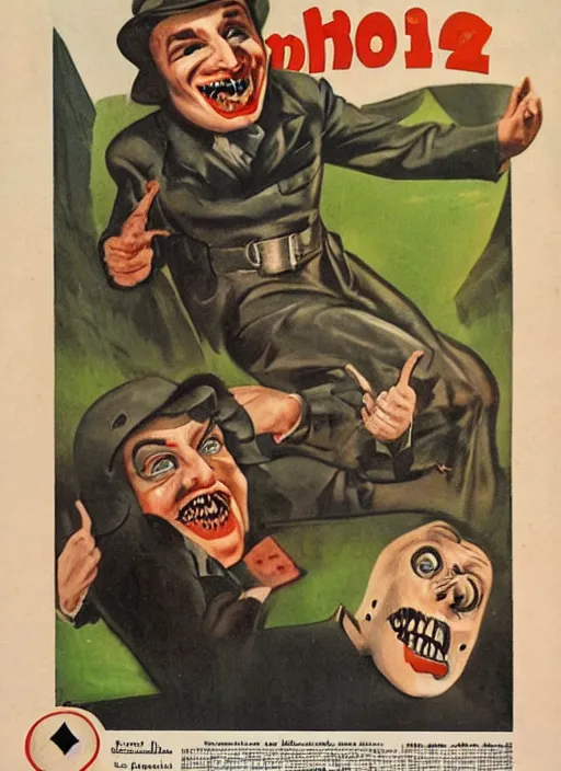 Prompt: creepy Nikolai Belinski with a scary comically large smile, 1940s scare tactic propaganda art