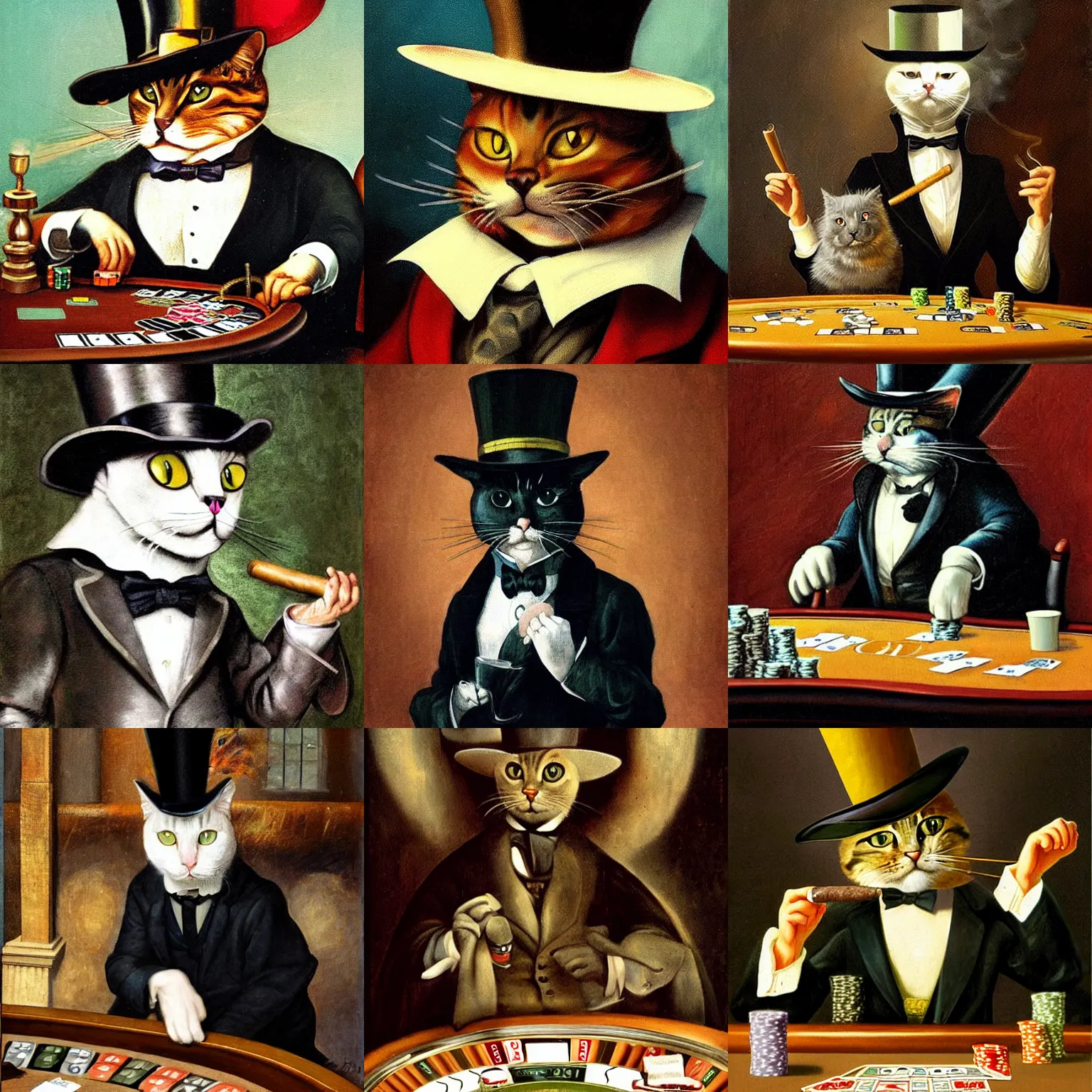 Prompt: cat wearing a top hat and suit, smoking a cigar, inside a casino playing poker, hieronymus bosch, mark brooks