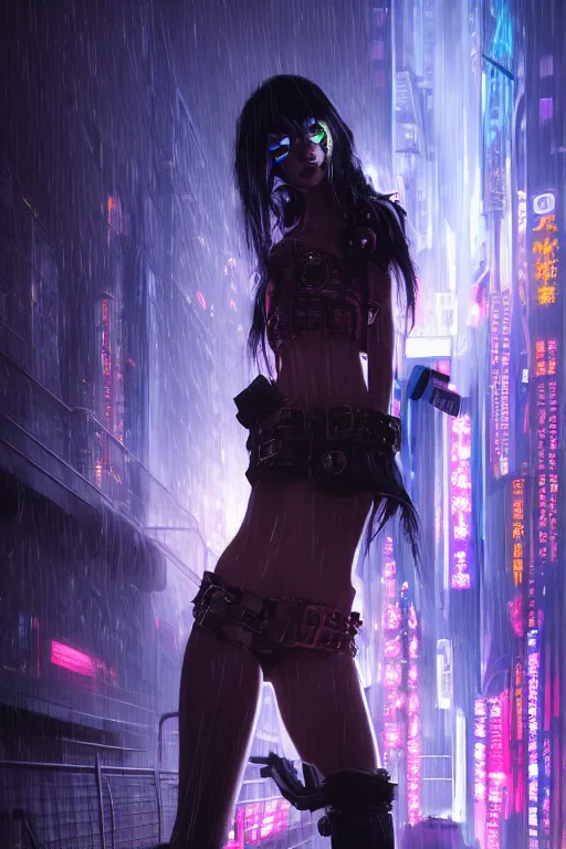 Image similar to portrait futuristic demonic cyberpunk young female pirate, in futuristic stormy thunder rainning tokyo rooftop cyberpunk night, ssci-fi, fantasy, intricate, very very beautiful, elegant, neon light, highly detailed, digital painting, artstation, concept art, soft light, hdri, smooth, sharp focus, illustration, art by tian zi and craig mullins and WLOP and alphonse mucha