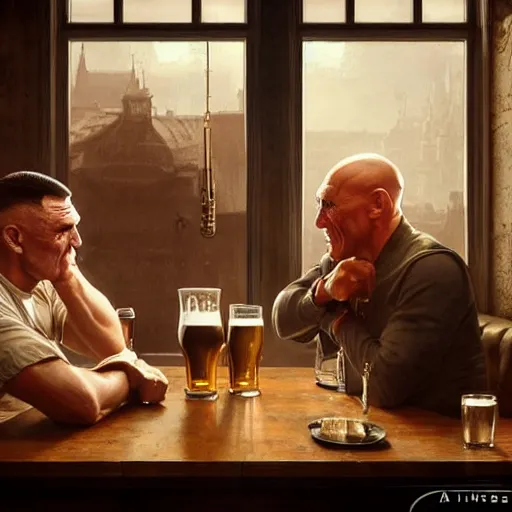 Image similar to vinnie jones and ghandi drinking beer in a pub, real life skin, intricate, elegant, highly detailed, artstation, concept art, smooth, sharp focus, art by artgerm and greg rutkowski and alphonse mucha